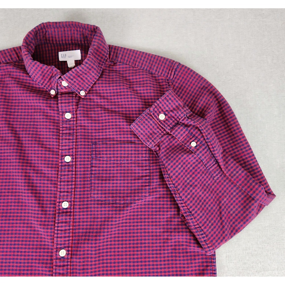 GAP Shirt Mens Large Untucked Fit Stretch Button Long Sleeve Checkered Navy Red